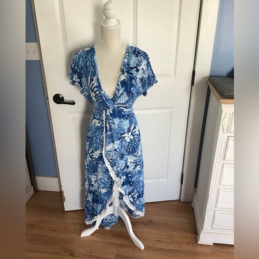 America & Beyond Elegant Long Dress 100% Viscose Blue and White with Lace Size S